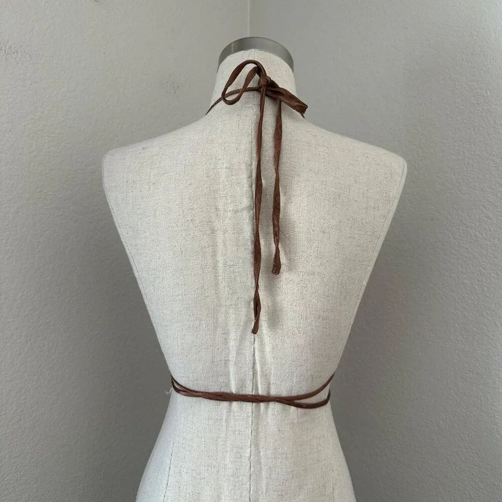 SKIMS Triangle Bikini Swim Top Satin Logo String Tie Brown L